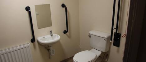 A small, clean bathroom with a white toilet, a sink, and a mirror. There are two black grab bars on the walls.