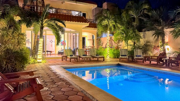 Un espace piscine aménagé pour la nuit, avec des chaises longues et des palmiers.