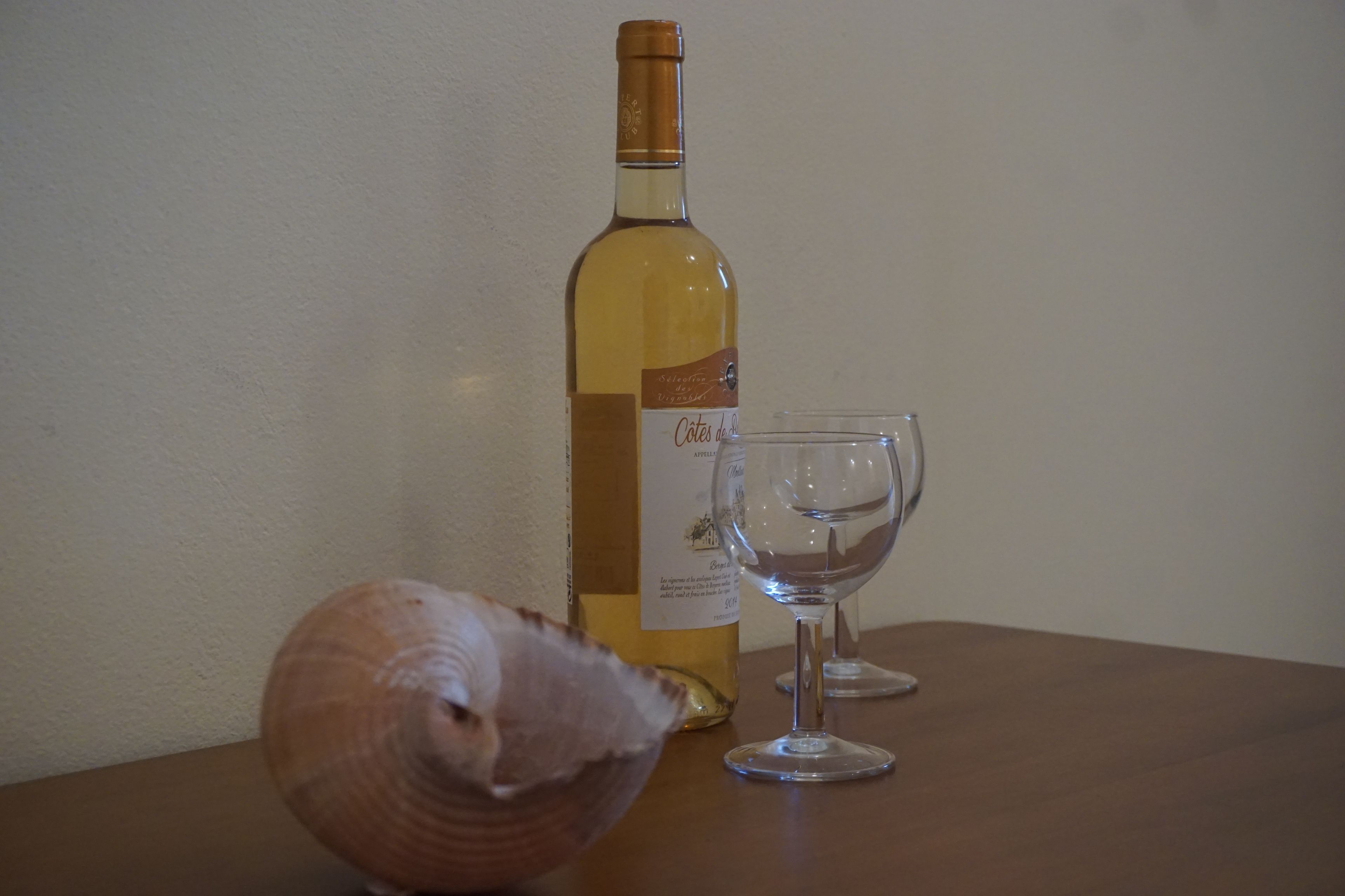 A bottle of wine and an empty wine glass on a wooden table.