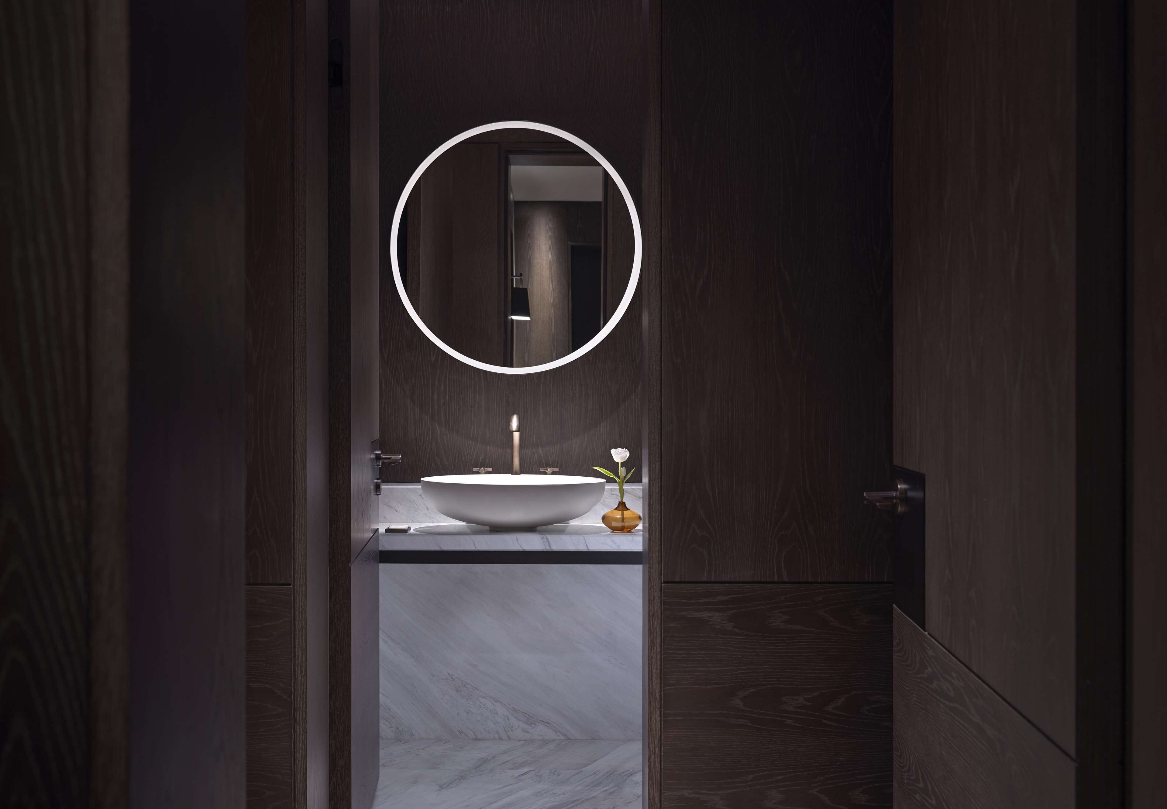 separate bathtub and shower, rainfall showerhead, designer toiletries