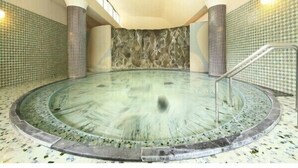 Ein kreisförmiger Innenpool mit einer Wand aus Stein, Metallgeländern und einem gefliesten Boden.