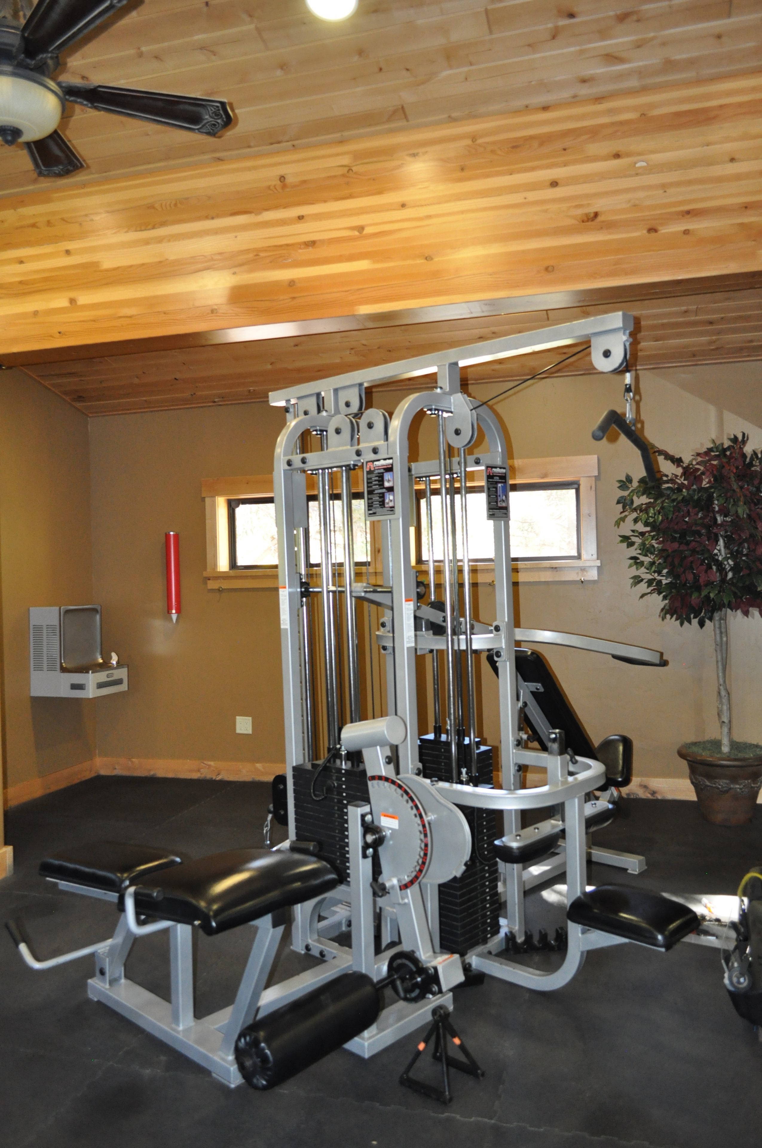 Ein Fitnessraum mit Deckenventilator, Holzwänden, einem Fenster und einem Blumentopf.