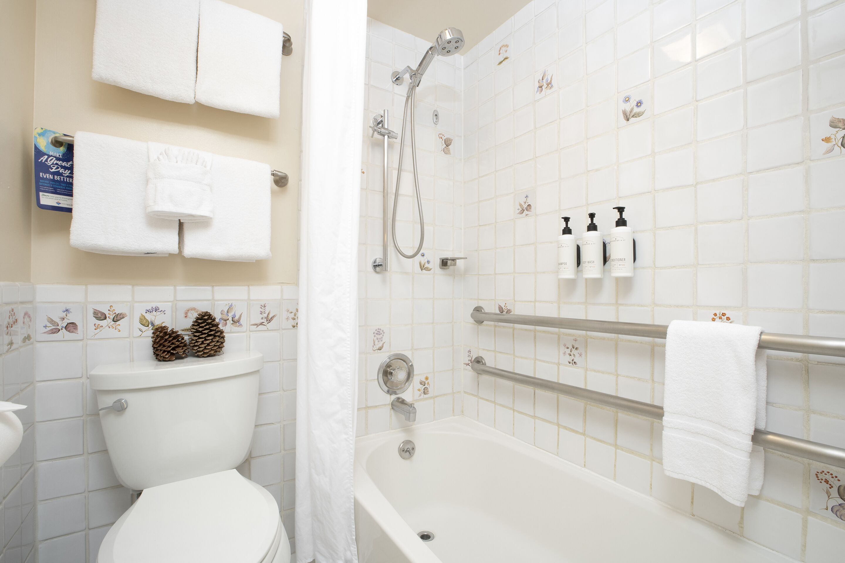 Une salle de bain équipée de toilettes, d’une baignoire et d’une douche. Des serviettes et des articles de toilette sont accrochés au mur.
