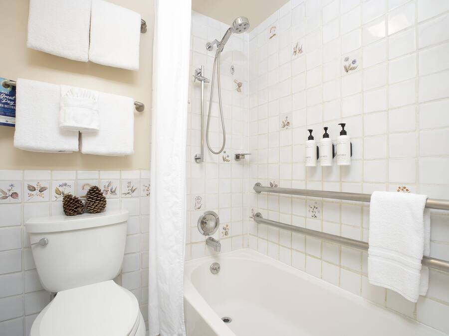 A bathroom with a toilet, bathtub, and shower. There are towels and toiletries on the wall.