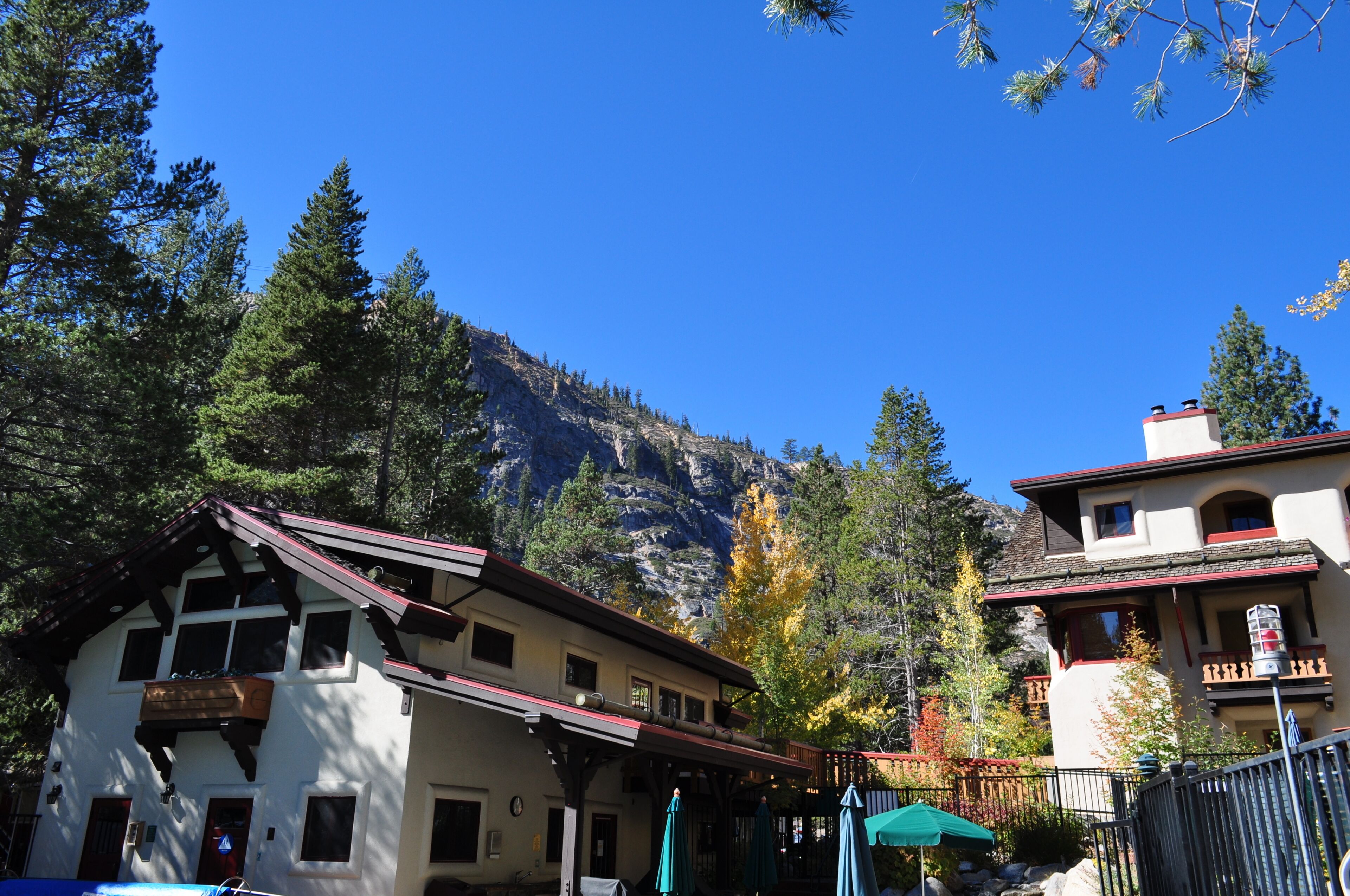 A traditional chalet-style building with a balcony, surrounded by trees and a mountain backdrop.