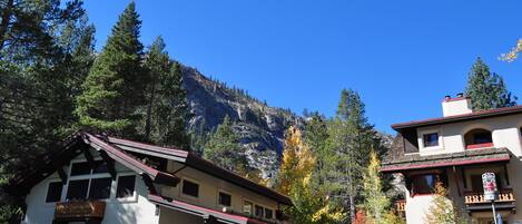 A traditional chalet-style building with a balcony, surrounded by trees and a mountain backdrop.