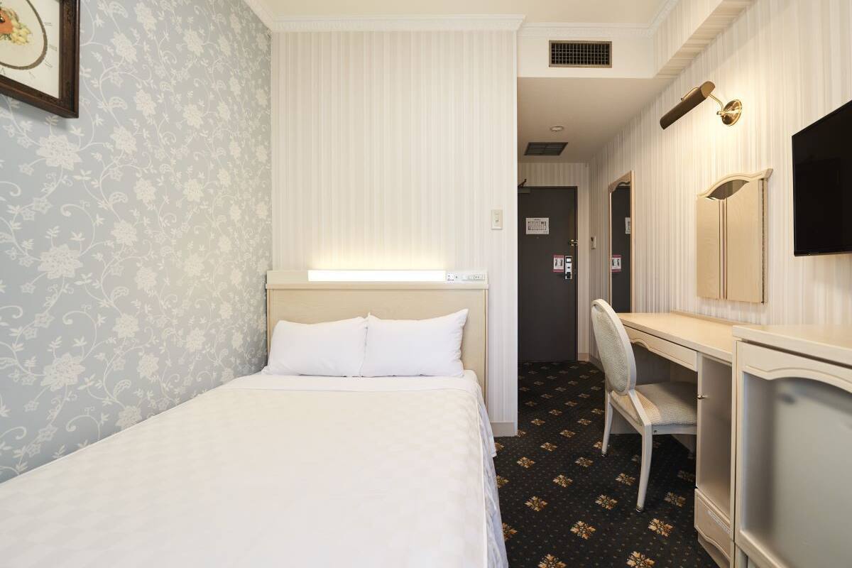 A hotel room with a bed, a desk, a chair, a television, and a mirror.