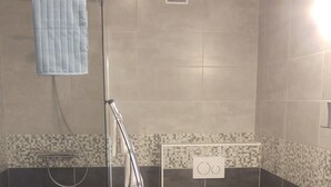A bathroom with a walk-in shower, toilet, sink, and a washing machine. - Two rooms in Thonon les Bains (Thonon-les-Bains)