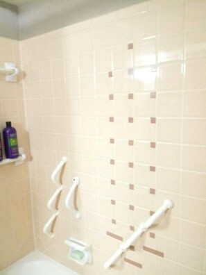 Combined shower/tub, hair dryer, towels, soap