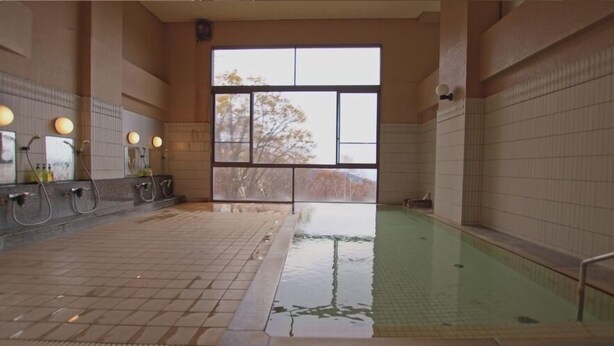 Una piscina con revestimiento de baldosas, una ventana que ofrece vistas a árboles y una zona de ducha con múltiples grifos.