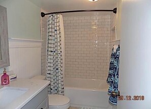 Ensemble baignoire-douche, séchoir à cheveux, serviettes fournies, savon