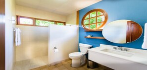 Shower, rainfall showerhead, designer toiletries, hair dryer