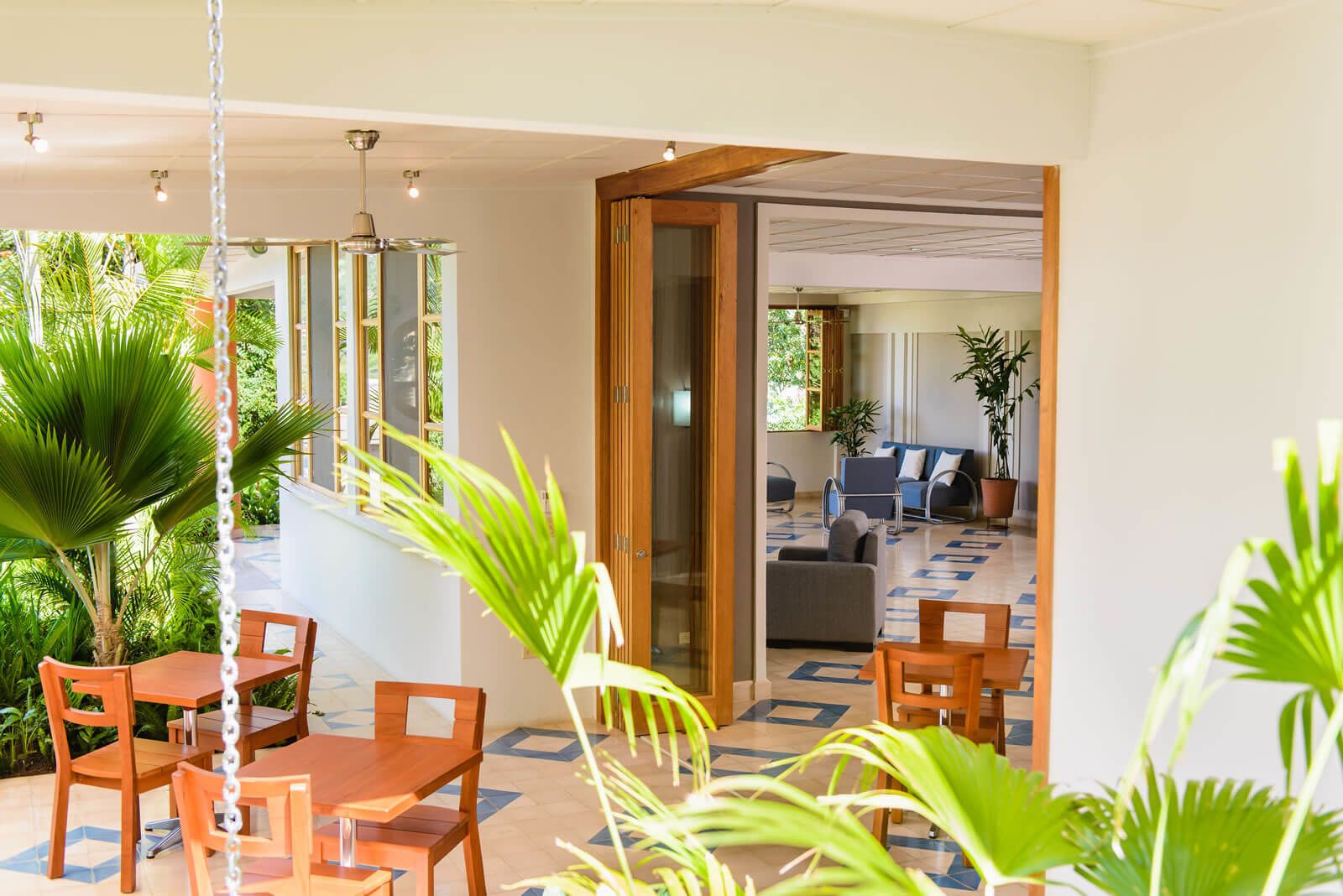 A spacious indoor area with a wooden dining table and chairs, surrounded by potted plants.