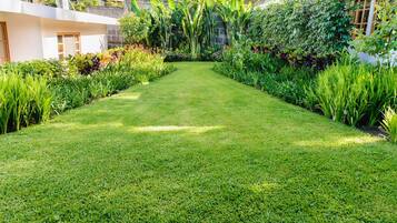 A well-maintained garden with a variety of plants and a neatly trimmed lawn.