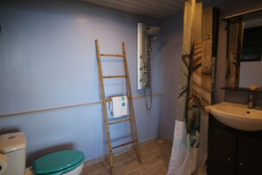 A bathroom with a toilet, a shower, and a sink. - KAZ ORÈA ... Apartment (Saint Leu)