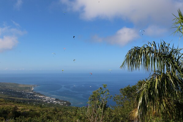 A coastal landscape with a view of the sea and several kites flying. - KAZ ORÈA ... Apartment (Saint Leu)
