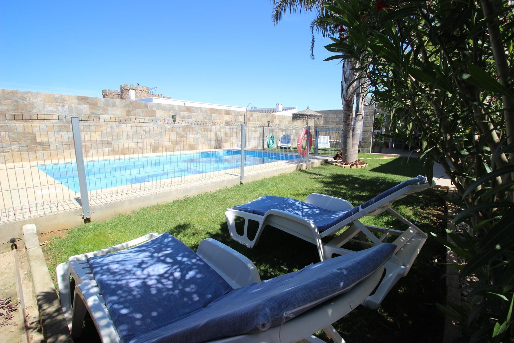 Un patio trasero con piscina, dos sillones de descanso, una palmera y un muro de piedra.
