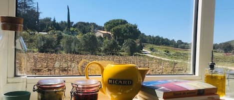 A window view of a vineyard, a yellow teapot, jars, and books on a windowsill.