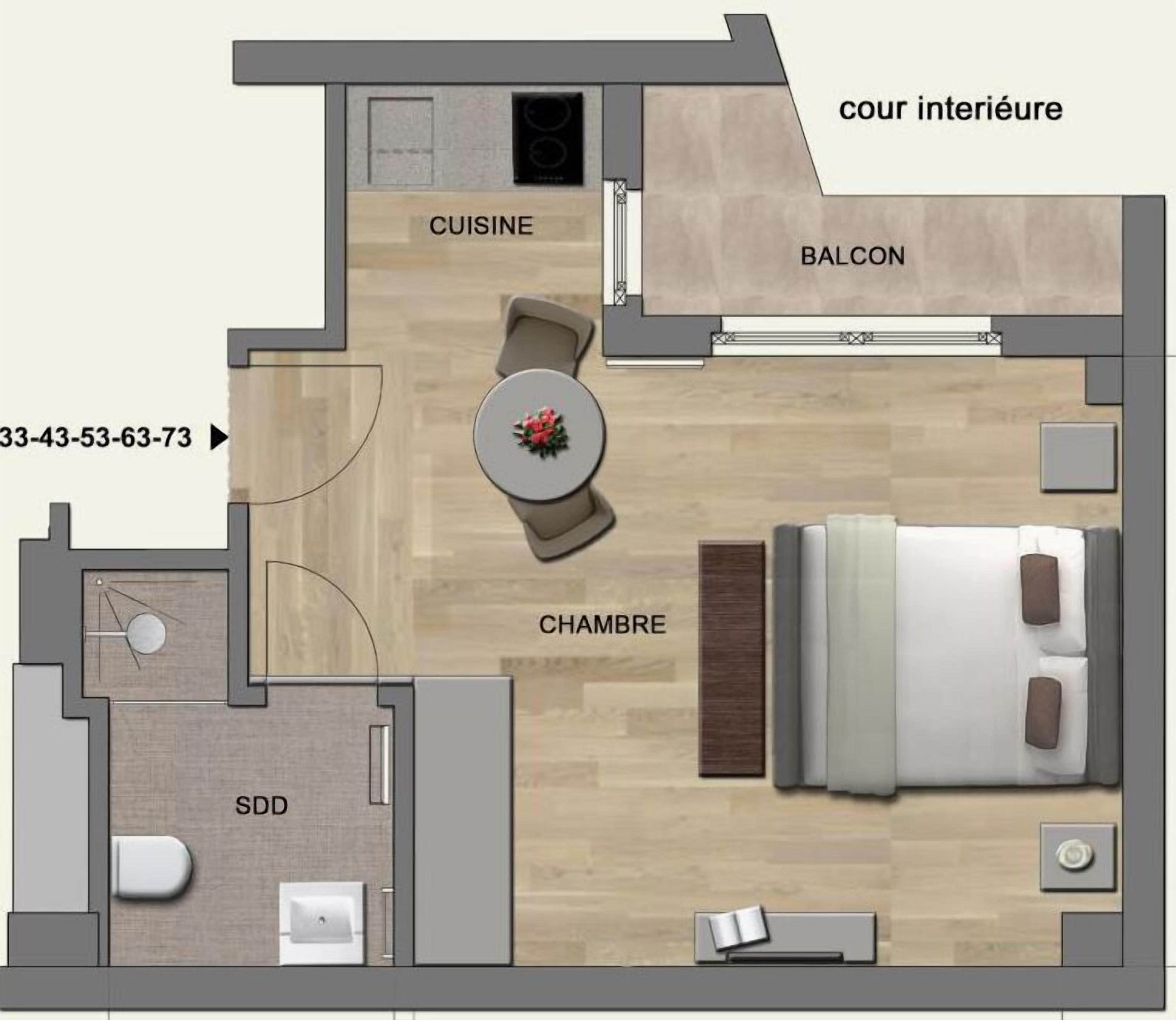 A hotel room layout with a bedroom, ensuite bathroom, kitchenette, balcony, and a small sitting area.