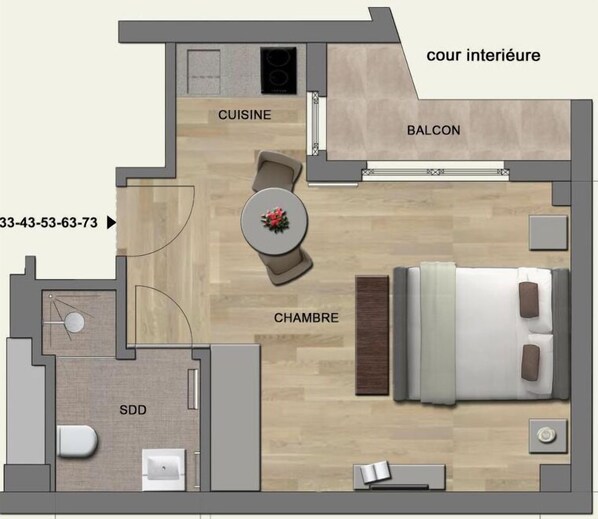 A hotel room layout with a bedroom, ensuite bathroom, kitchenette, balcony, and a small sitting area.