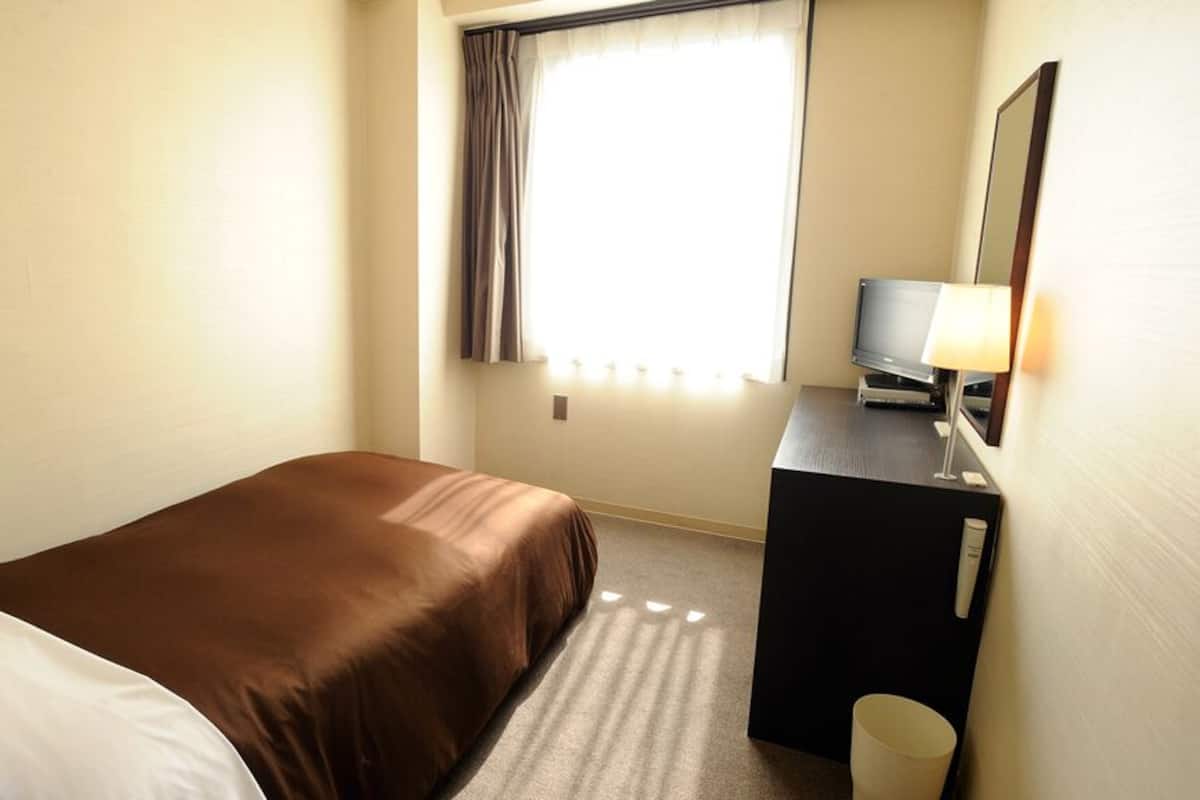 Une chambre d’hôtel avec un lit, un bureau, une télévision et un miroir.