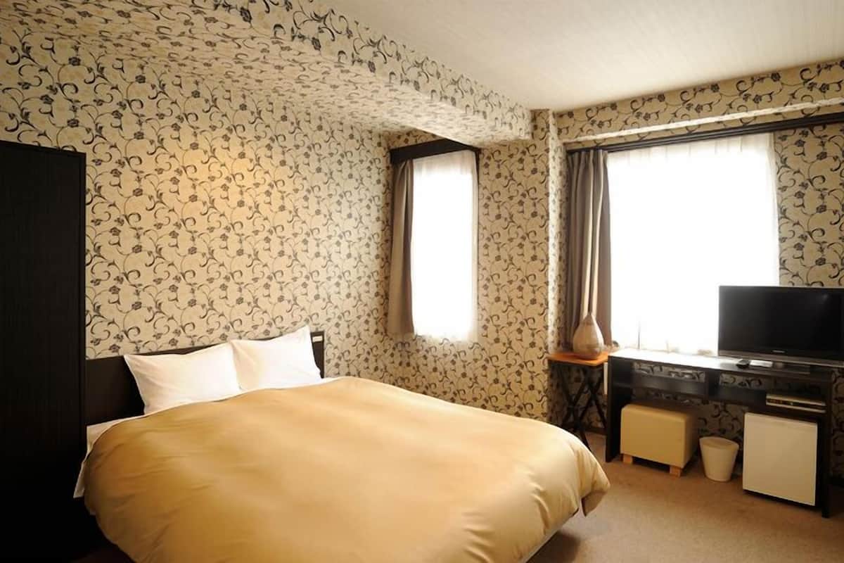 Une chambre d’hôtel avec un lit, une télévision, un bureau et une fenêtre.