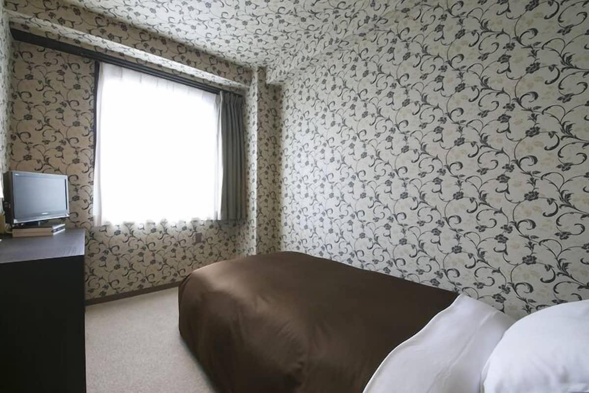 Una habitación de hotel con cama, televisor en una cómoda y ventana con cortinas.