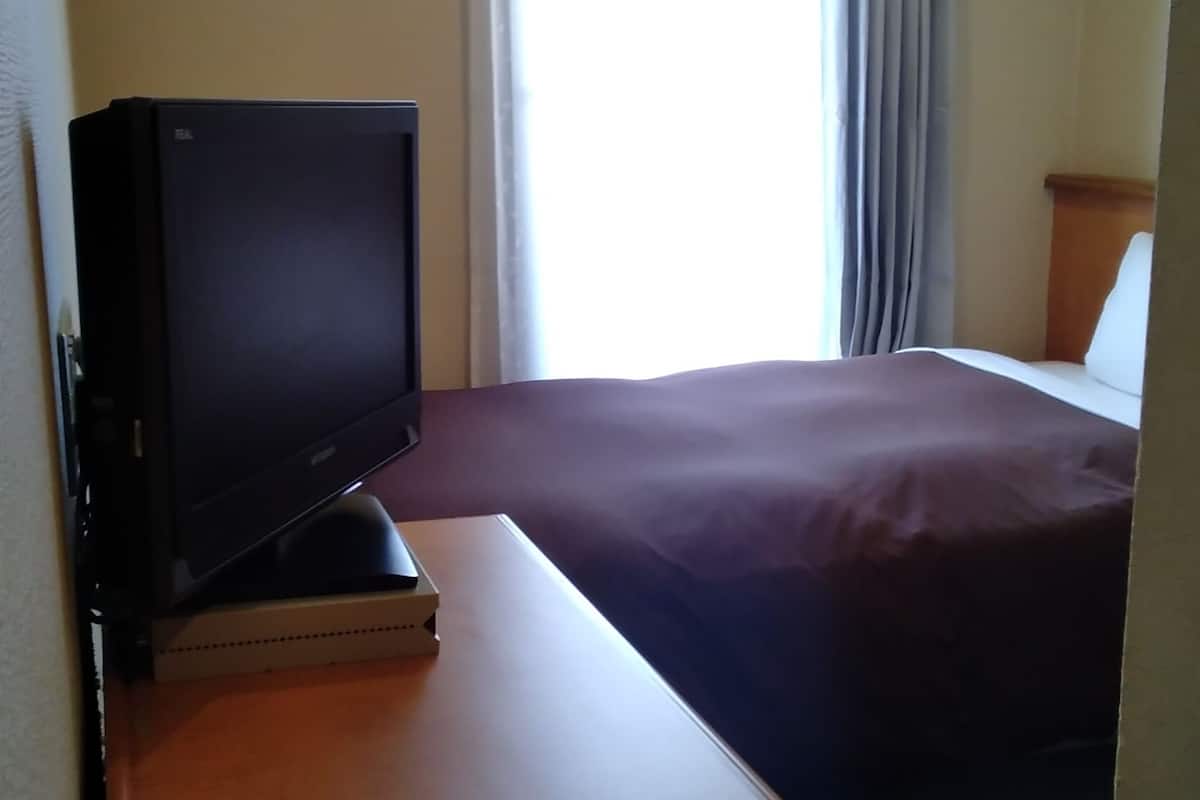 Une chambre d’hôtel avec un lit, un téléviseur posé sur un meuble et une fenêtre avec des rideaux.