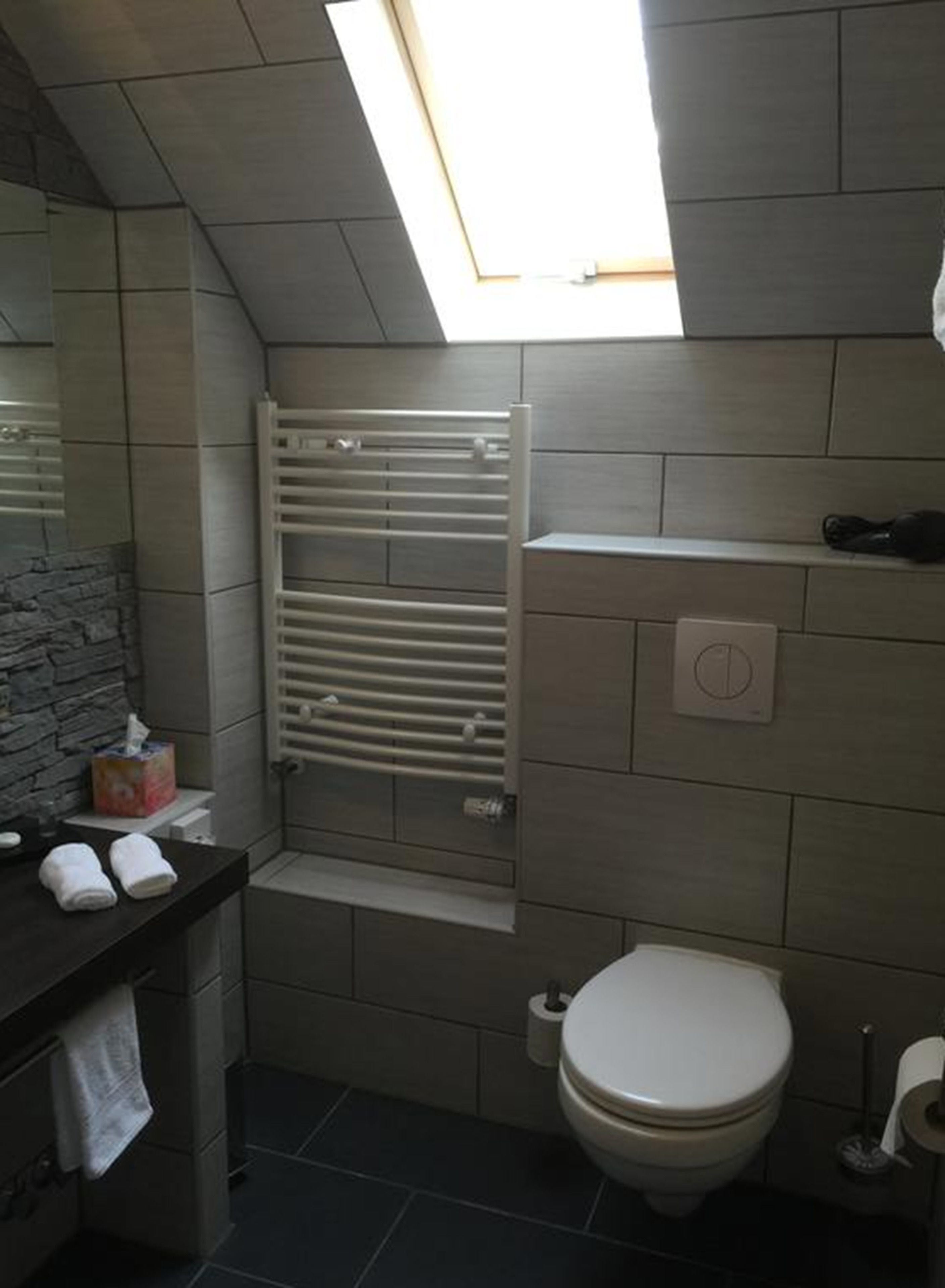 A modern bathroom with a skylight, a toilet, a towel rack, and a towel dispenser.