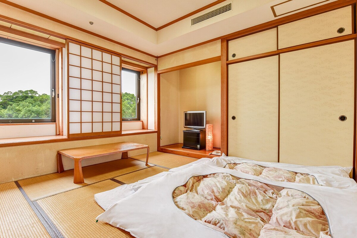 A traditional Japanese-style bedroom with tatami flooring, a futon bed, a television, and a sliding door.