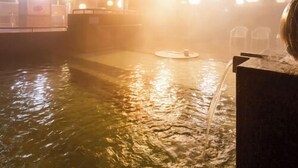 A hot spring area with a pool, benches, and a railing. - Tennen Onsen Relax Park Terume Kanazawa (Kanazawa)