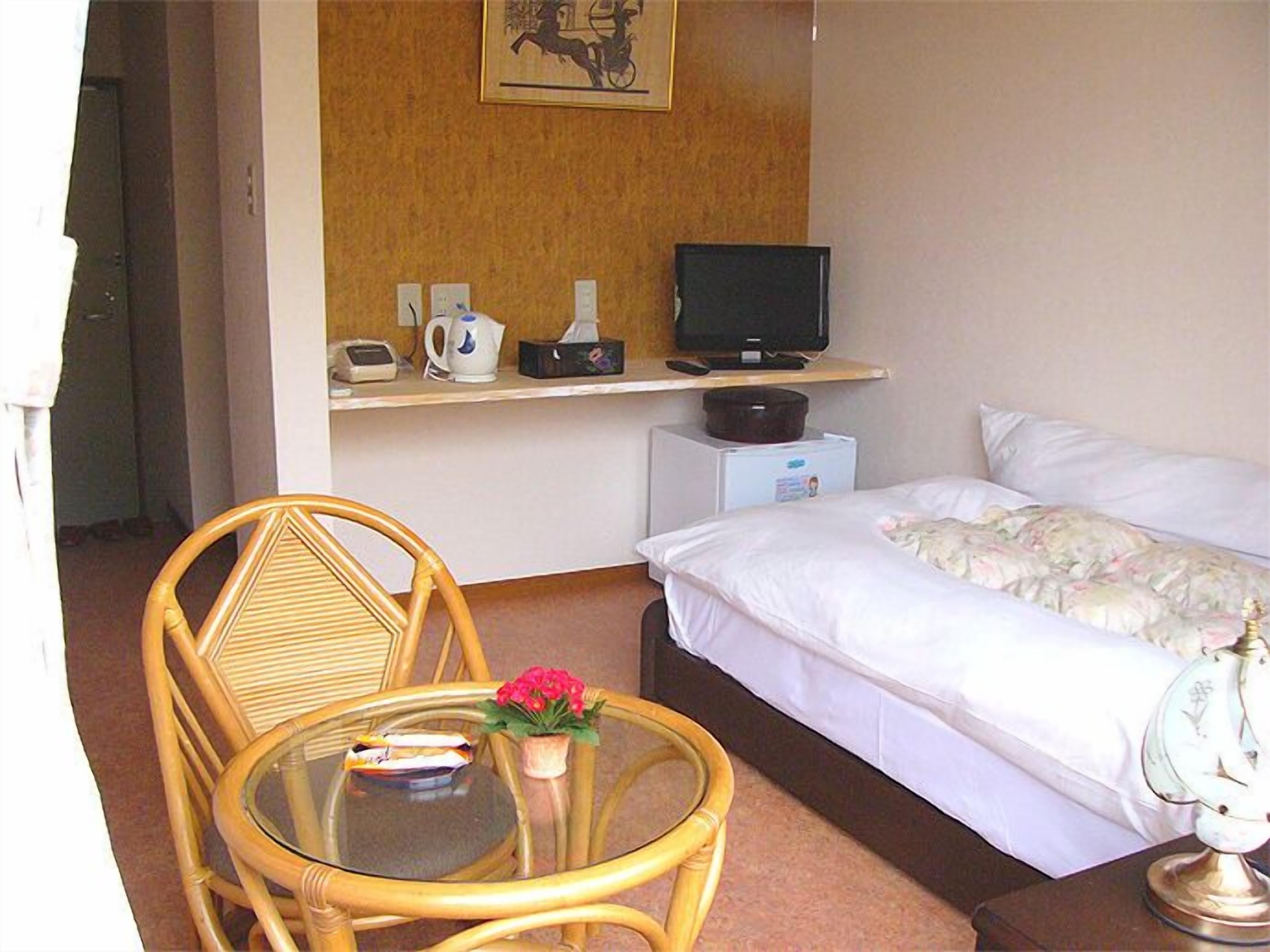 Habitació d'hotel amb un llit, una televisió, una taula petita amb un ram de flors i una cadira.