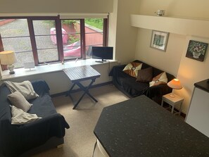 Een televisie, boeken en een printer