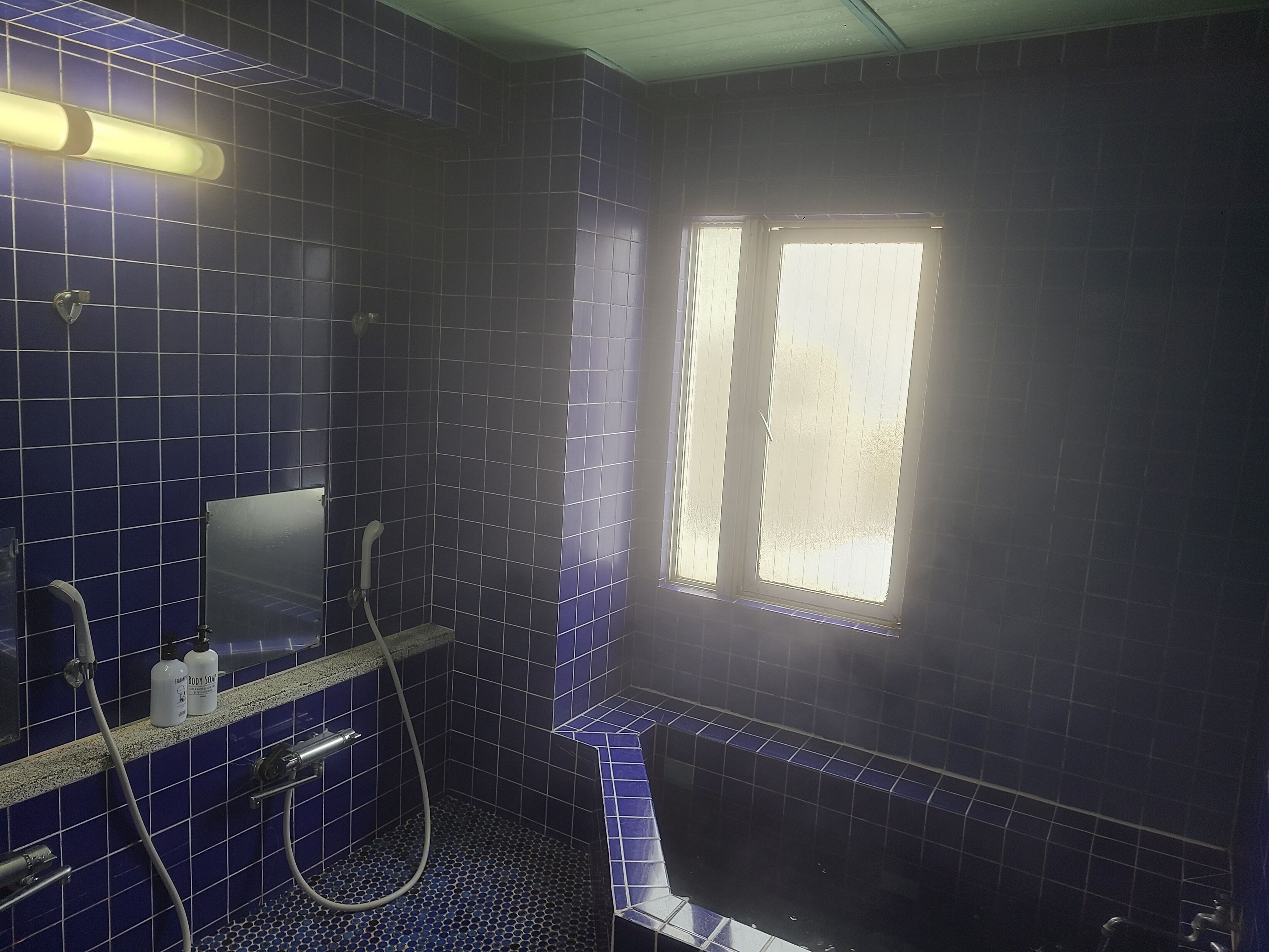 A bathroom with blue tiles, a window, and a shower area.
