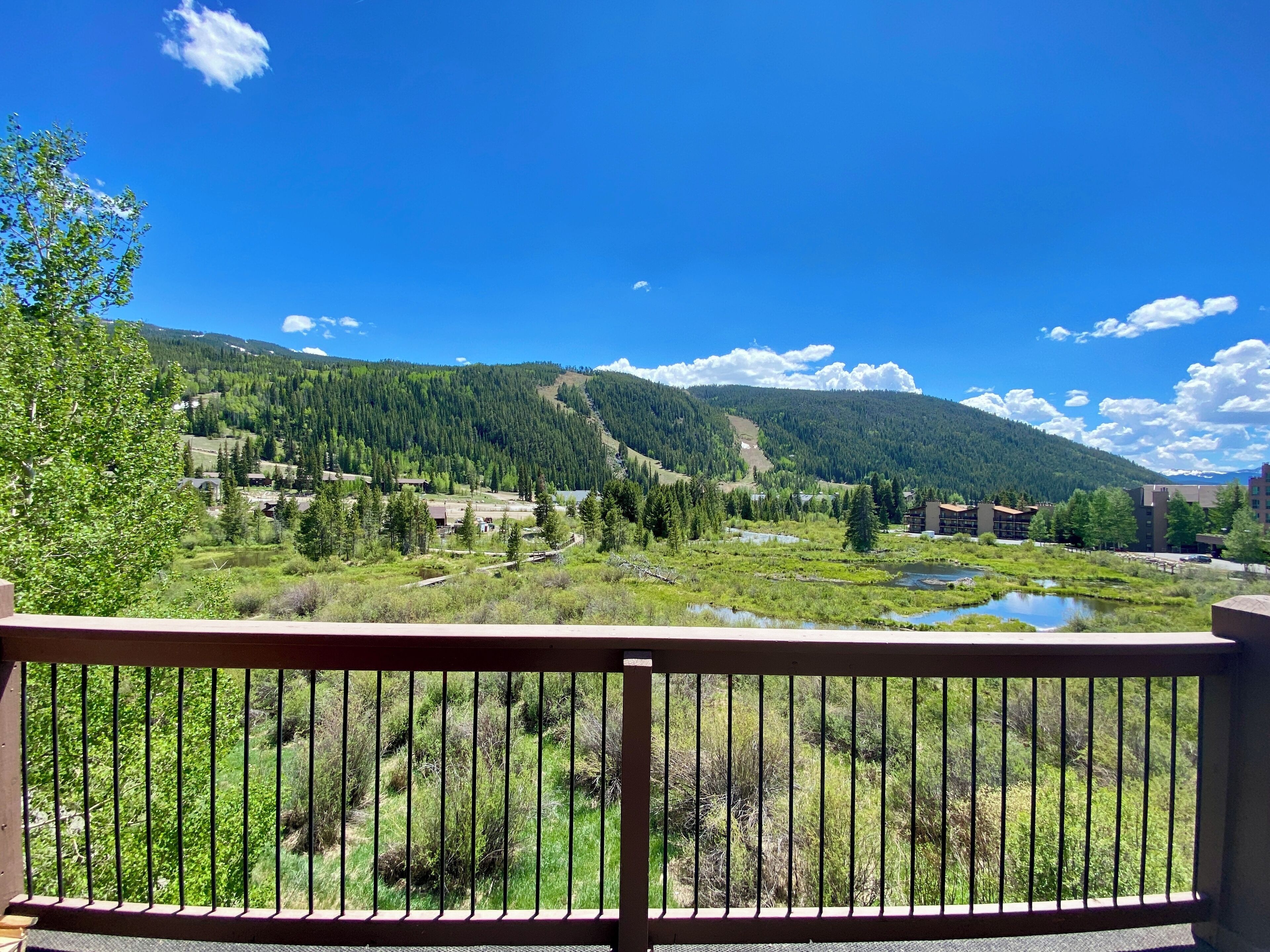 A scenic view from a balcony with a railing, overlooking a mountainous landscape with a river, buildings, and greenery.