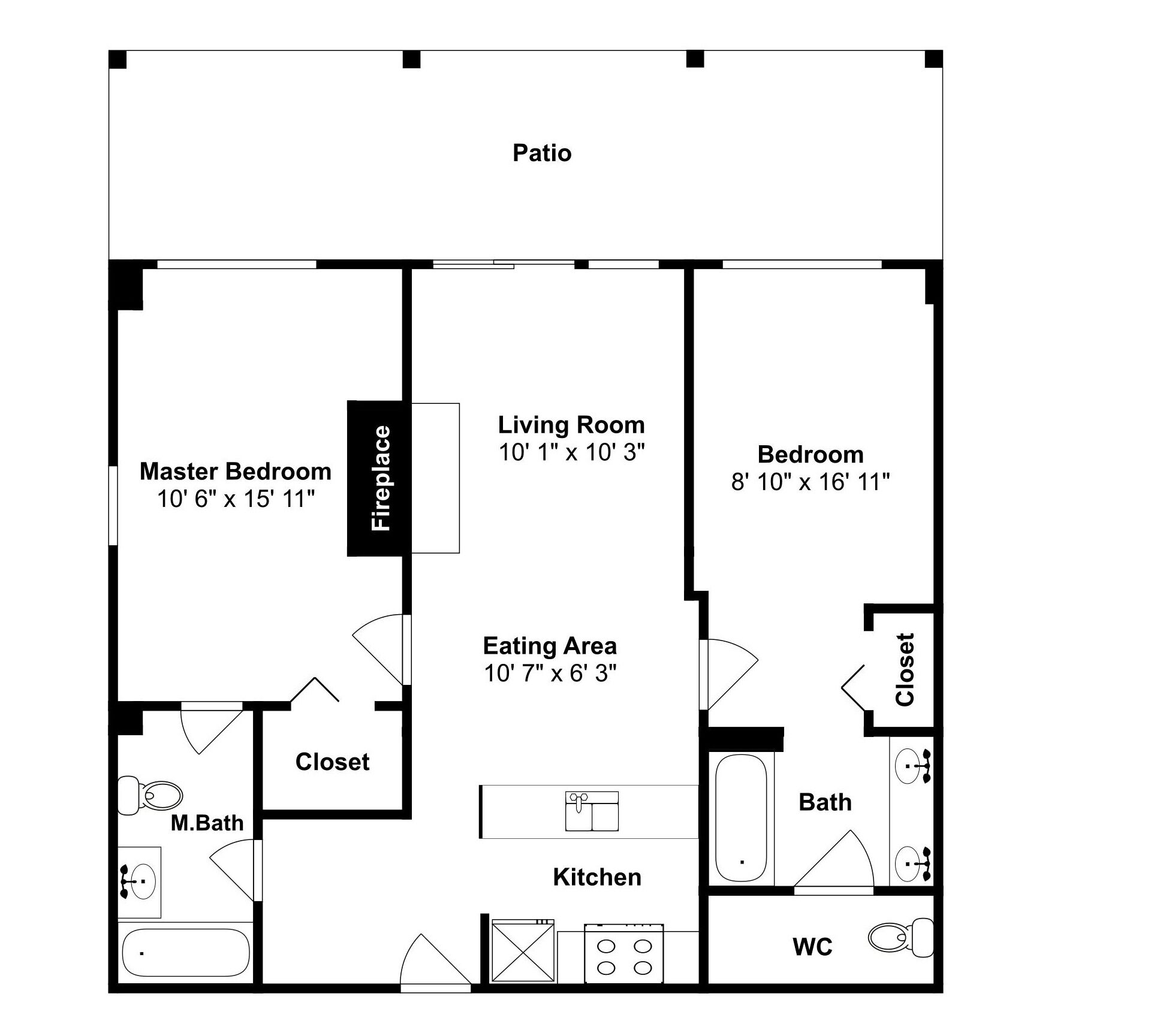 A floor plan of a house with a patio, master bedroom, living room, kitchen, bathroom, and two bedrooms.