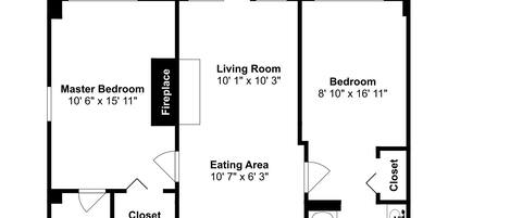 A floor plan of a house with a patio, master bedroom, living room, kitchen, bathroom, and two bedrooms.