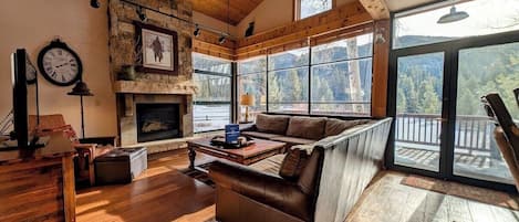 Télévision à écran plat, cheminée, chaîne hi-fi