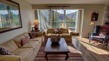 Televisión, chimenea y estéreo