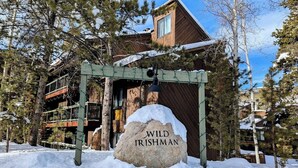 Un espacio exterior cubierto de nieve con una estructura de madera y un letrero que dice "WILD IRISHMAN".