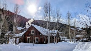 Une cabane en rondins dont le toit est recouvert de neige, entourée d’arbres et avec une montagne en arrière-plan.
