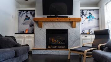 Smart TV, fireplace, Netflix, books