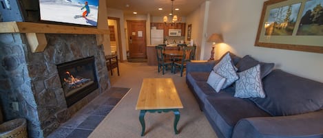 Smart TV, fireplace, foosball