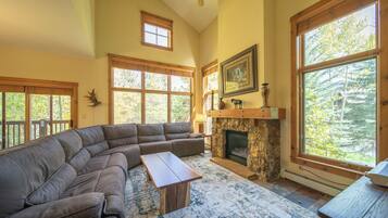 Tv, eldstad och en stereo