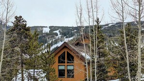 A cabin with a gabled roof, surrounded by trees and a snowy landscape.