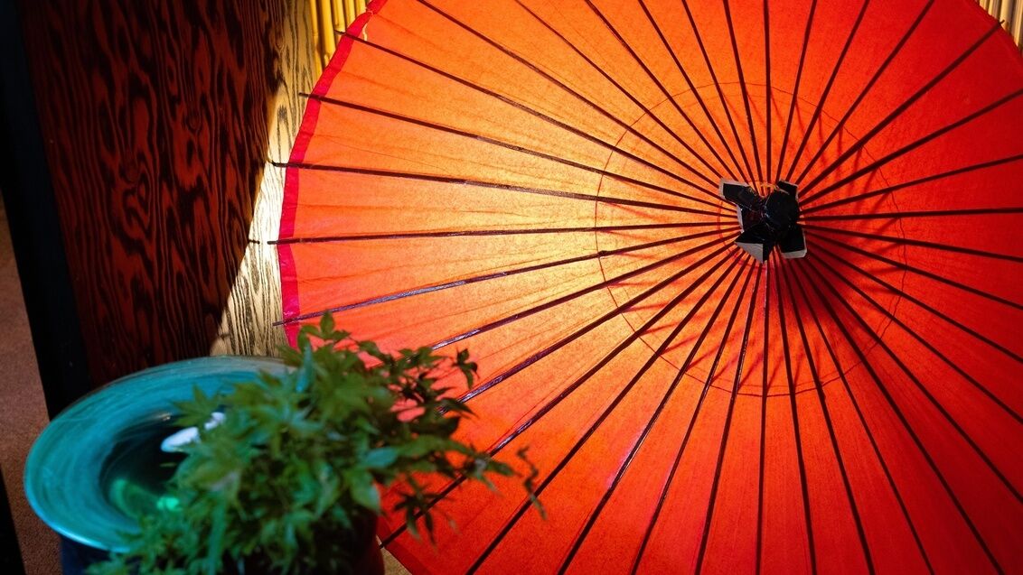 Un paraguas rojo con mango negro, una superficie de madera y una planta verde.