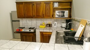 A compact kitchen with wooden cabinets, a gas stove, a microwave, a sink, and a dishwasher. - Butterfly Apartment (La Fortuna)