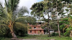 Un edifici amb façana vermella, envoltat de palmeres i altra vegetació.