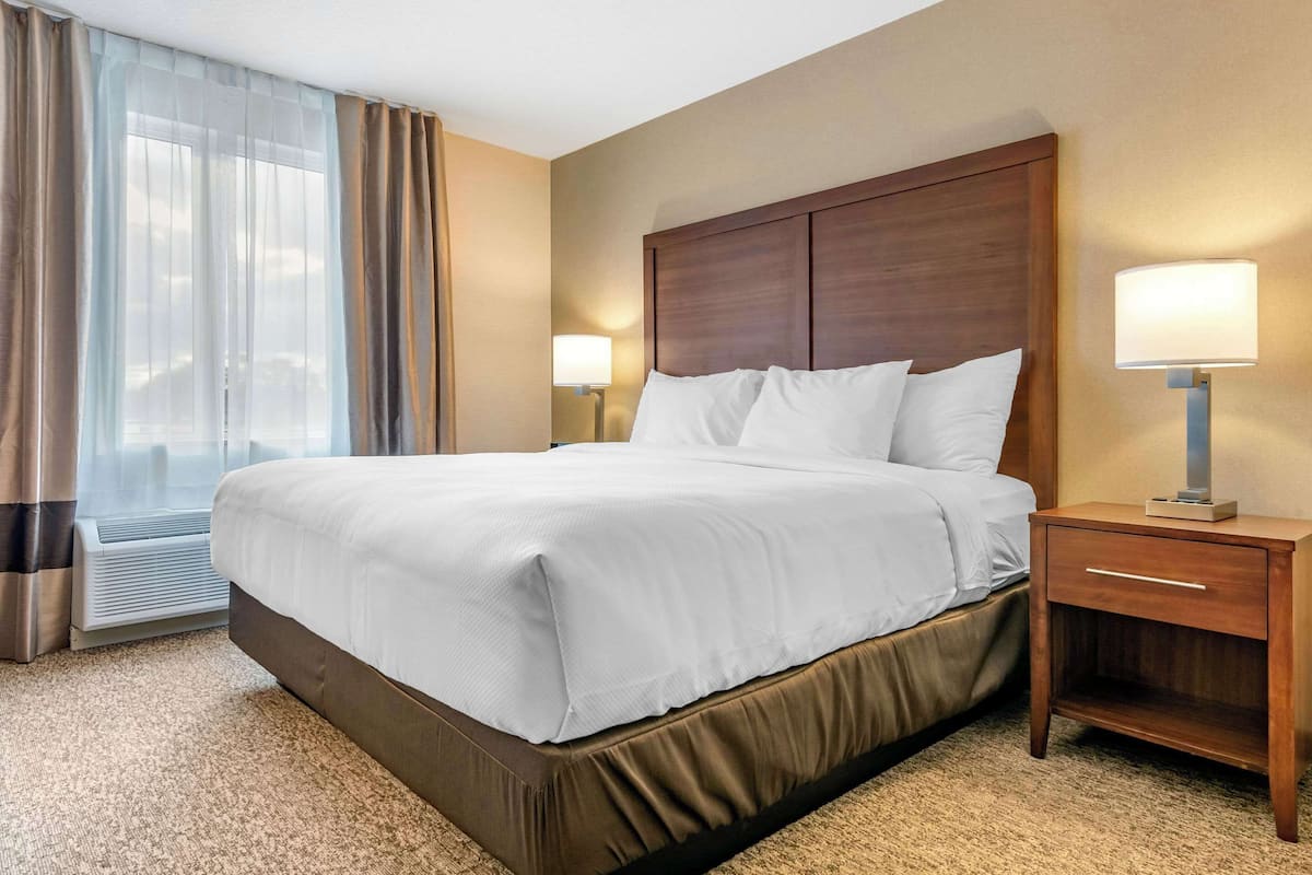 A hotel room with a large bed, a nightstand with a lamp, and a window with curtains.