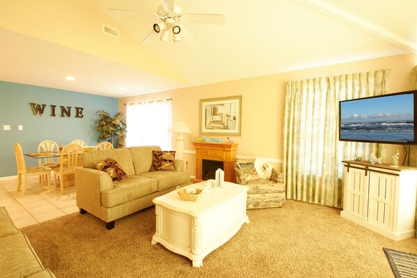 Smart TV, fireplace, video games, books